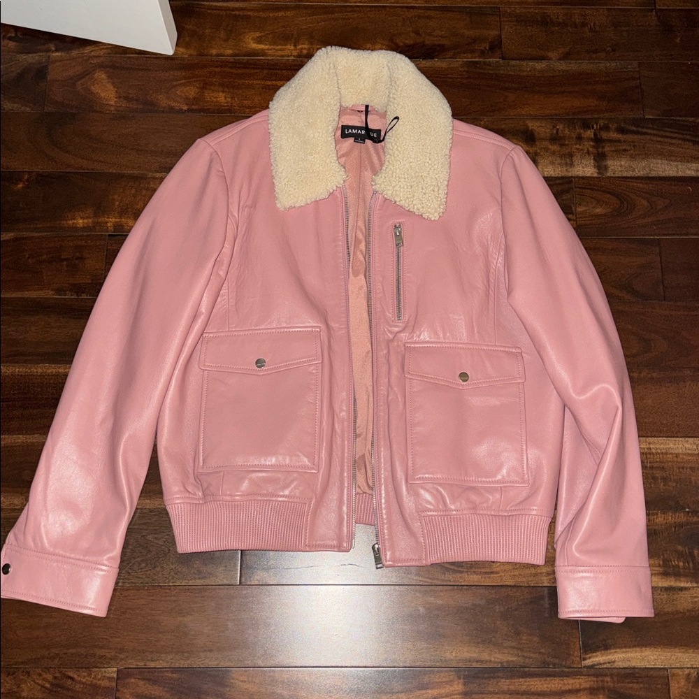 Lamarque Blush Leather Jacket with Cream Shearling Collar